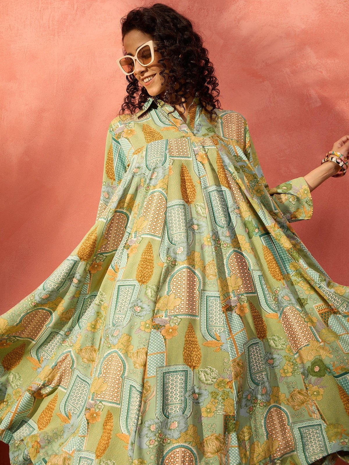 InWeave Pear Green Window Floral Flared Collar Dress | Grocsy