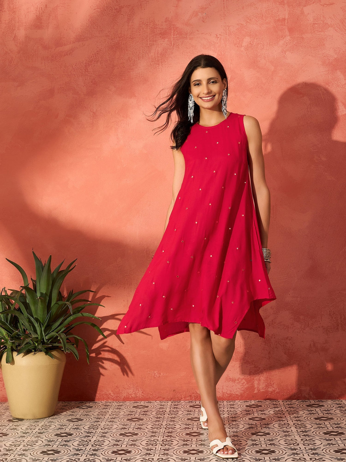 InWeave Red Mirror Work Round Neck W/S Dress | Grocsy