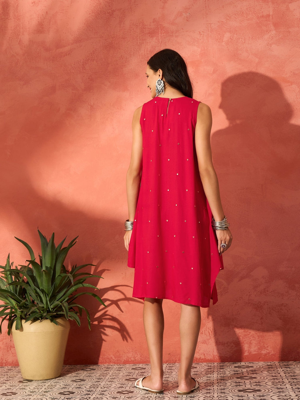 InWeave Red Mirror Work Round Neck W/S Dress | Grocsy