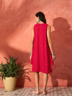 InWeave Red Mirror Work Round Neck W/S Dress | Grocsy