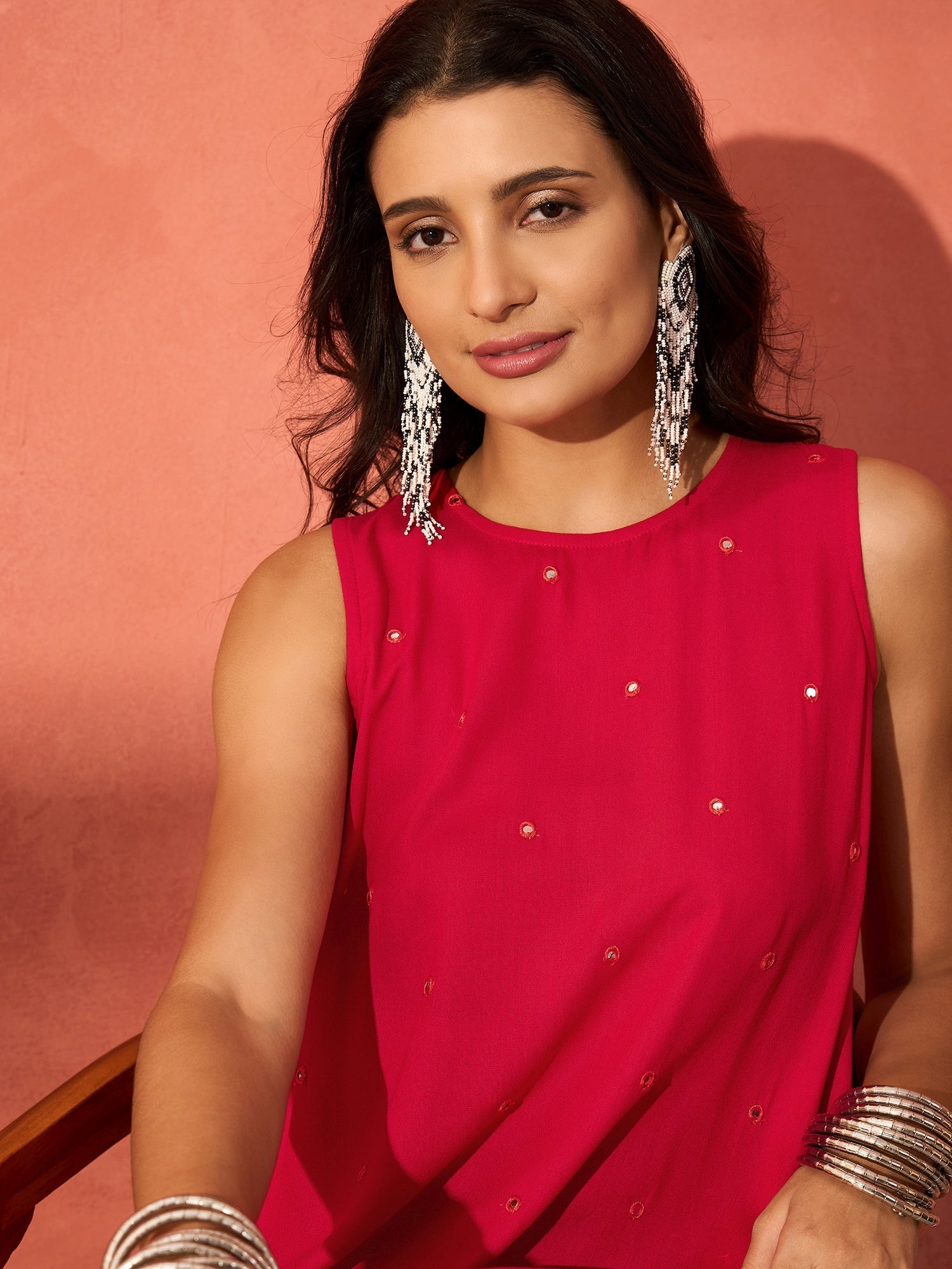 InWeave Red Mirror Work Round Neck W/S Dress | Grocsy