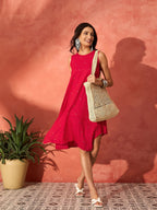 InWeave Red Mirror Work Round Neck W/S Dress | Grocsy