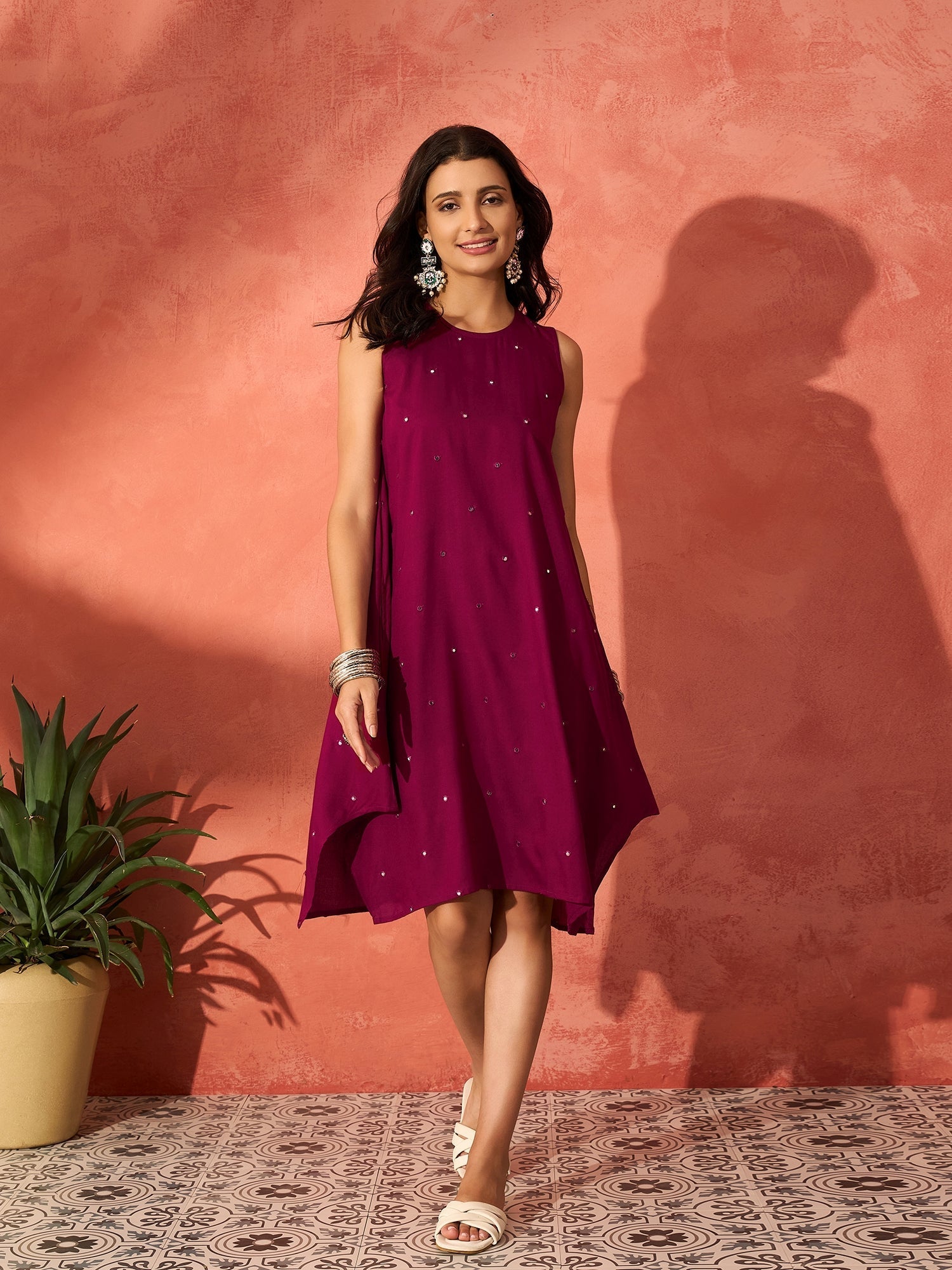 InWeave Wine Mirror Work Round Neck W/S Dress | Grocsy