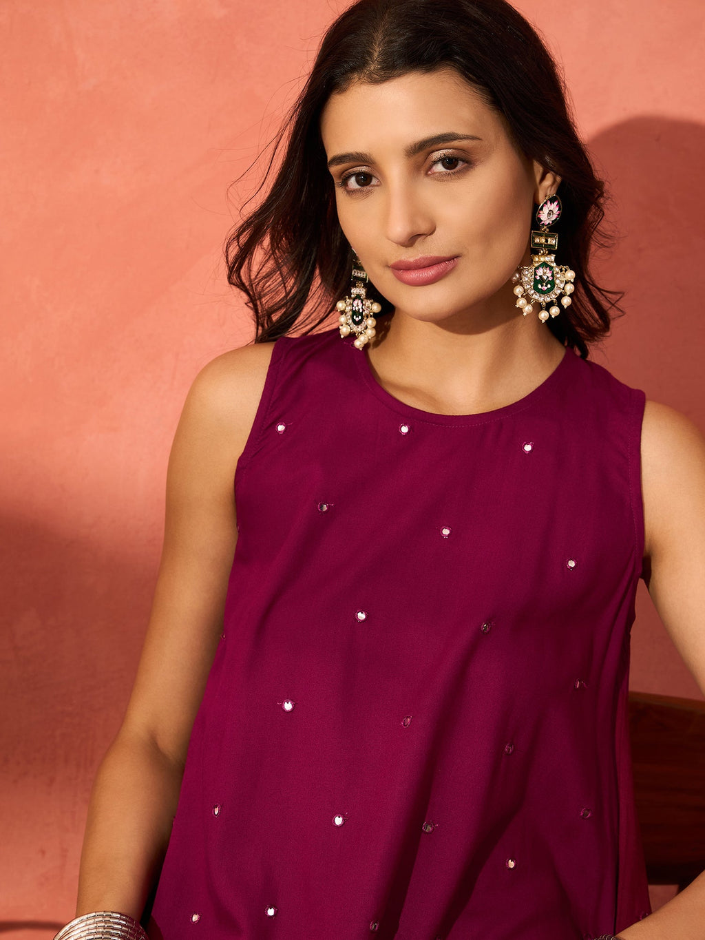 InWeave Wine Mirror Work Round Neck W/S Dress | Grocsy