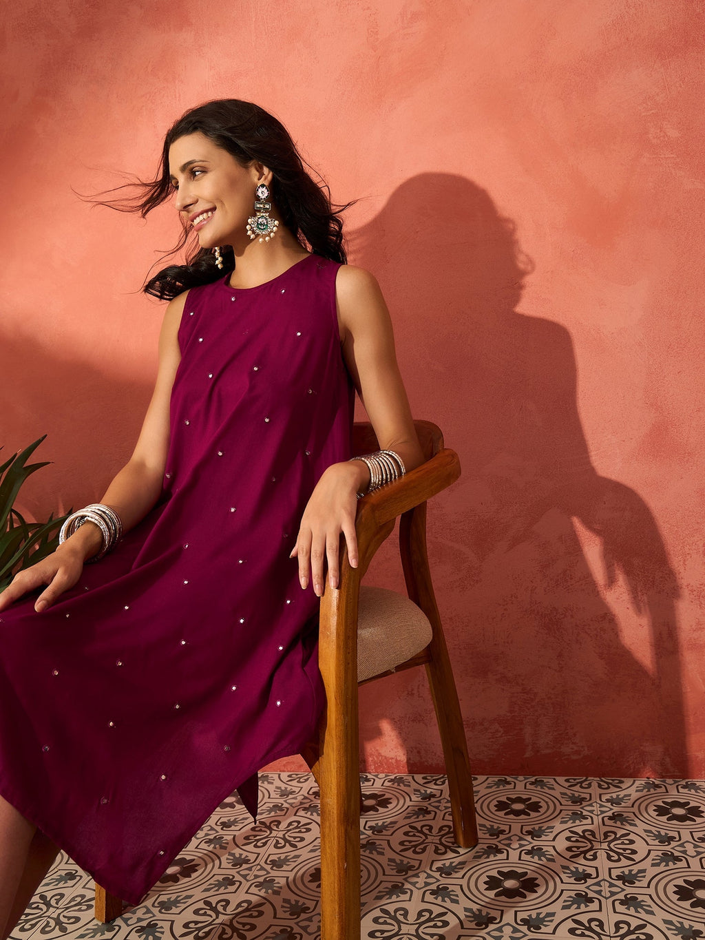 InWeave Wine Mirror Work Round Neck W/S Dress | Grocsy