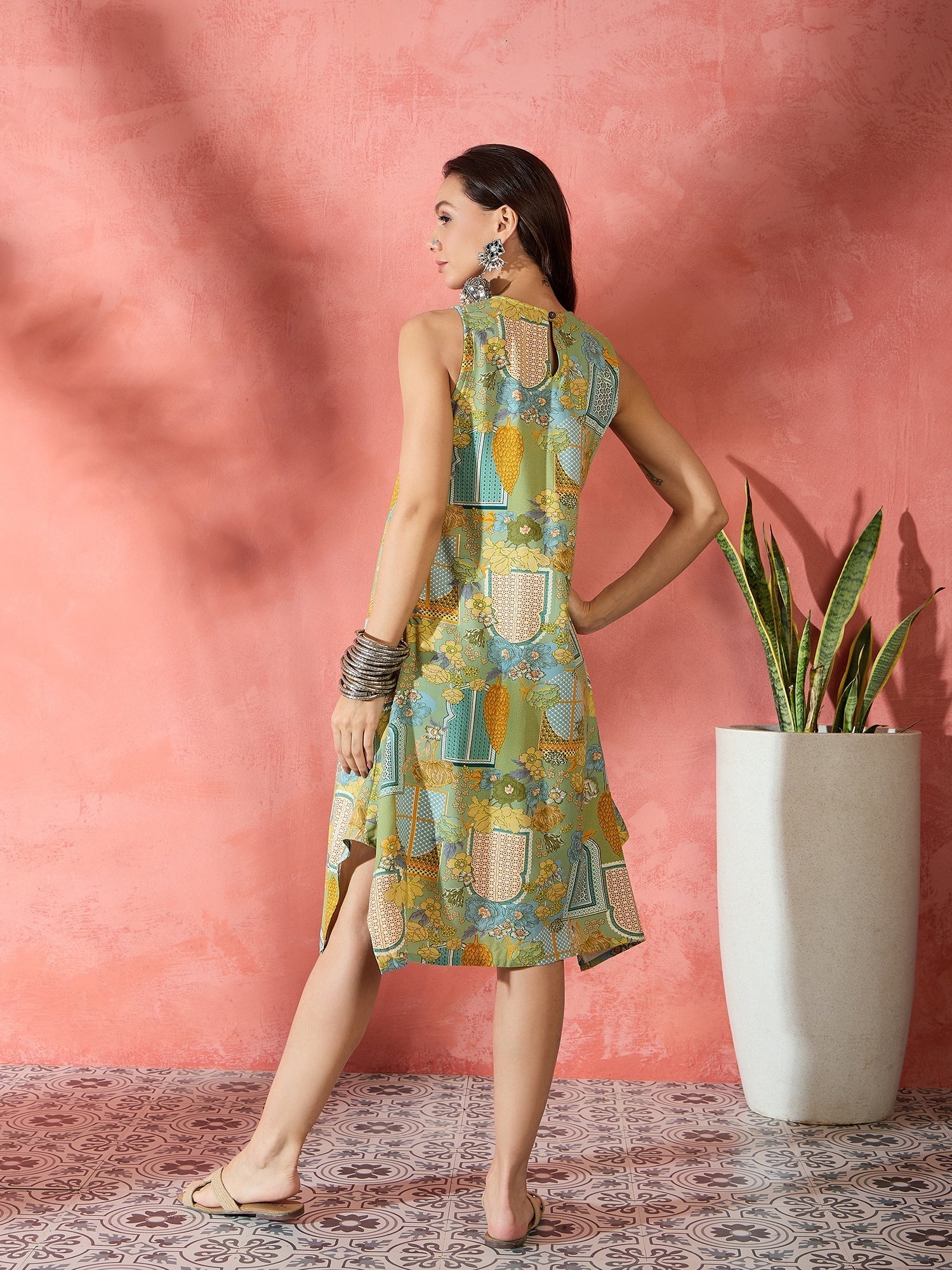 InWeave Pear Green Window Print R Neck Dress | Grocsy