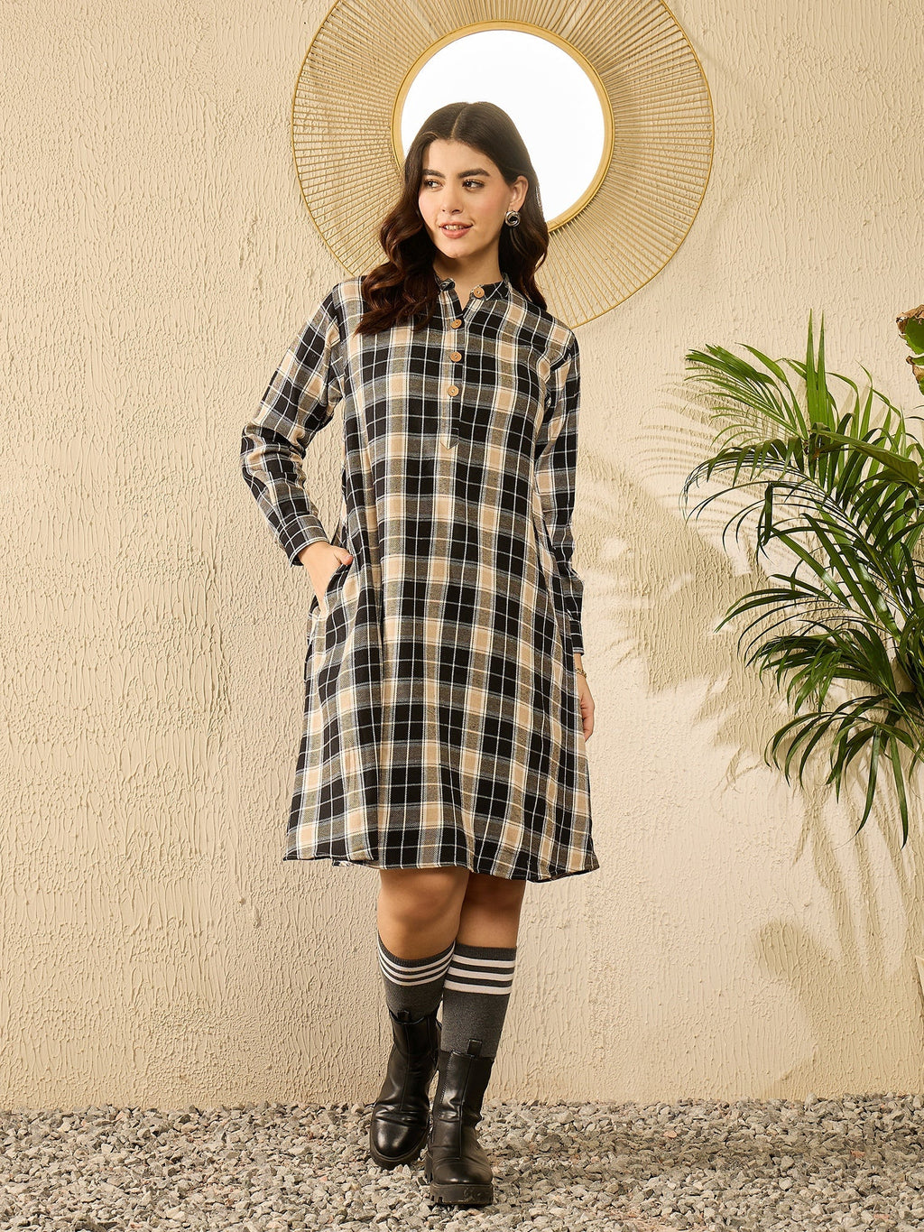 InWeave Black Beige Check Dress | Grocsy