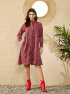 InWeave Red Green Check Mandarin Button Neck Dress | Grocsy