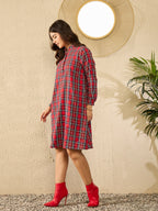 InWeave Red Green Check Mandarin Button Neck Dress | Grocsy