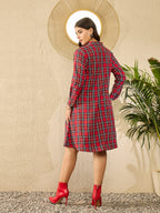 InWeave Red Green Check Mandarin Button Neck Dress | Grocsy