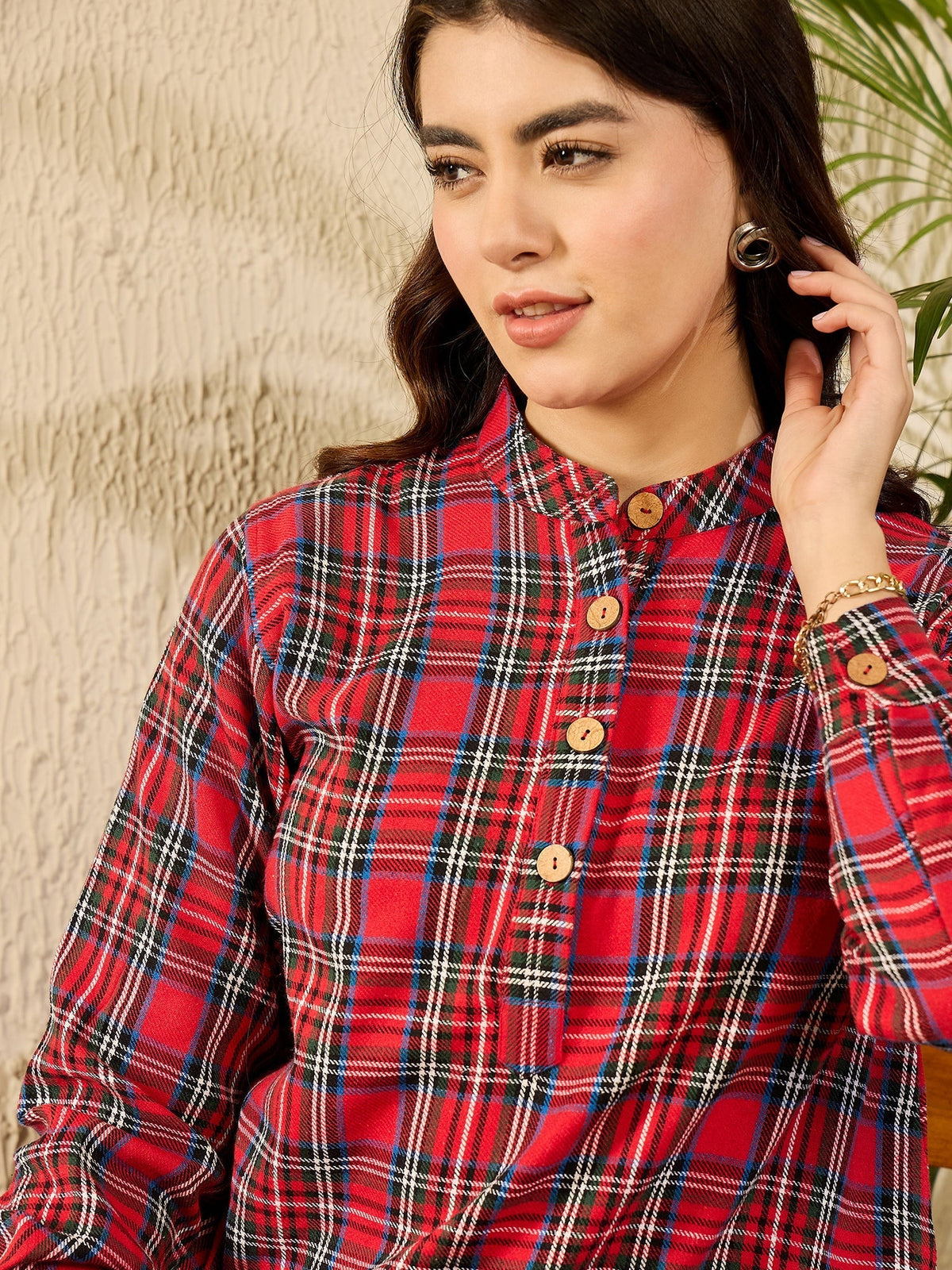 InWeave Red Green Check Mandarin Button Neck Dress | Grocsy