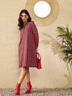 InWeave Red Green Check Mandarin Button Neck Dress | Grocsy