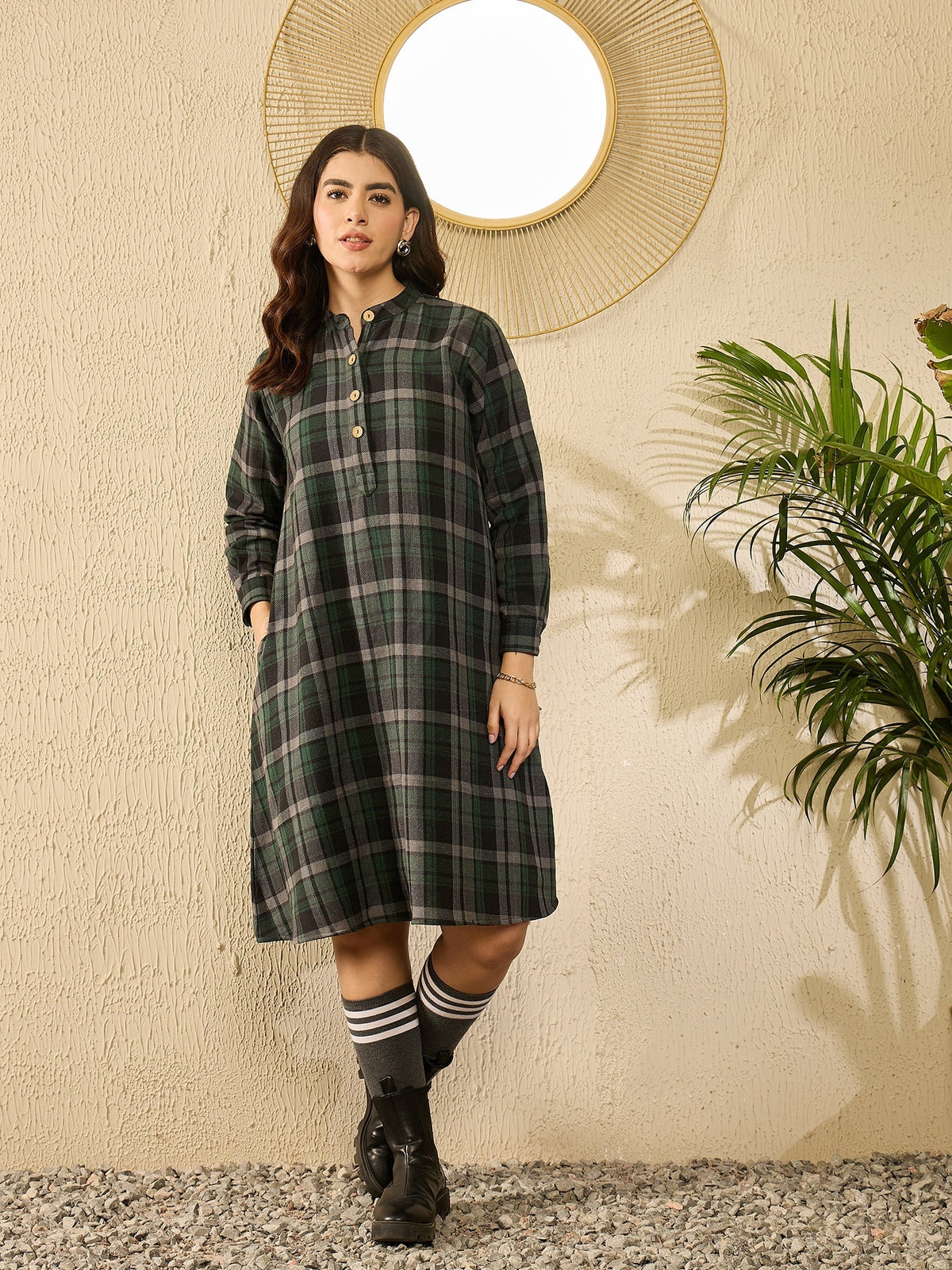 InWeave Green Black Check Mandarin Button Neck Dress | Grocsy