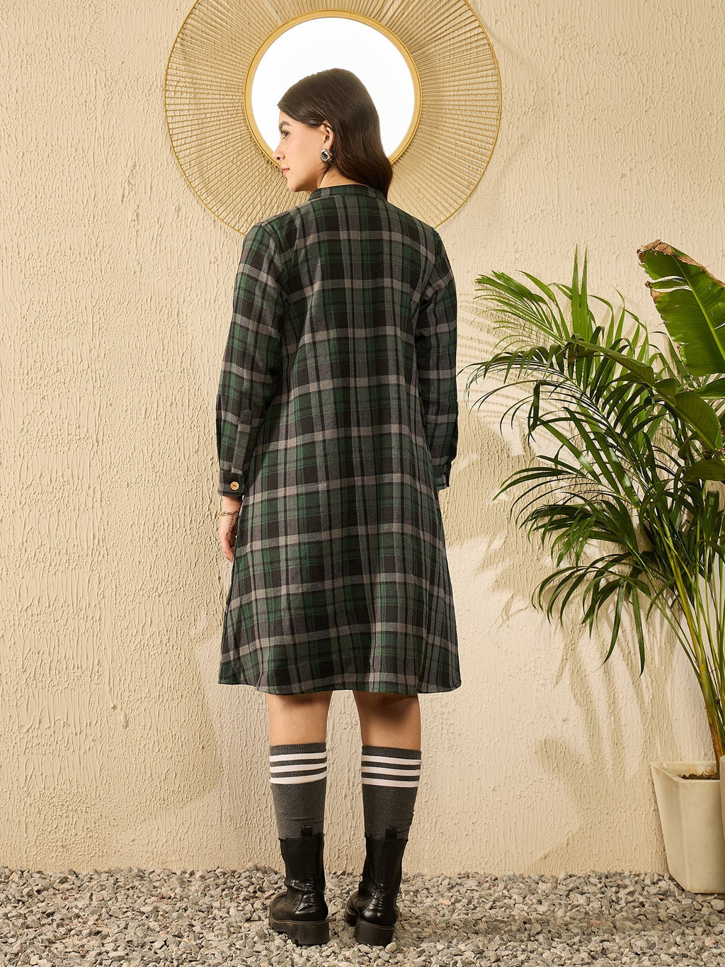 InWeave Green Black Check Mandarin Button Neck Dress | Grocsy