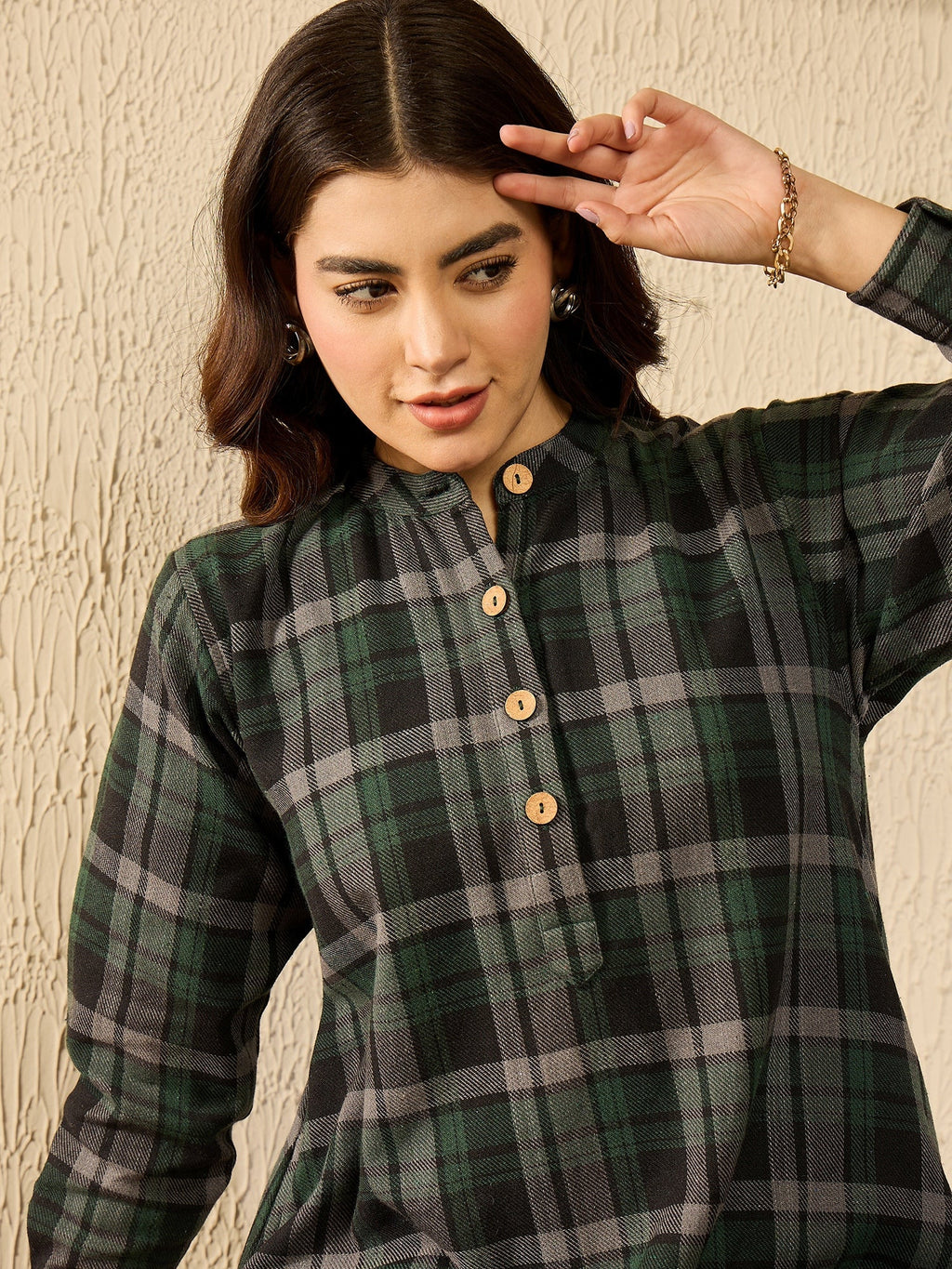 InWeave Green Black Check Mandarin Button Neck Dress | Grocsy