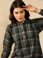 InWeave Green Black Check Mandarin Button Neck Dress | Grocsy