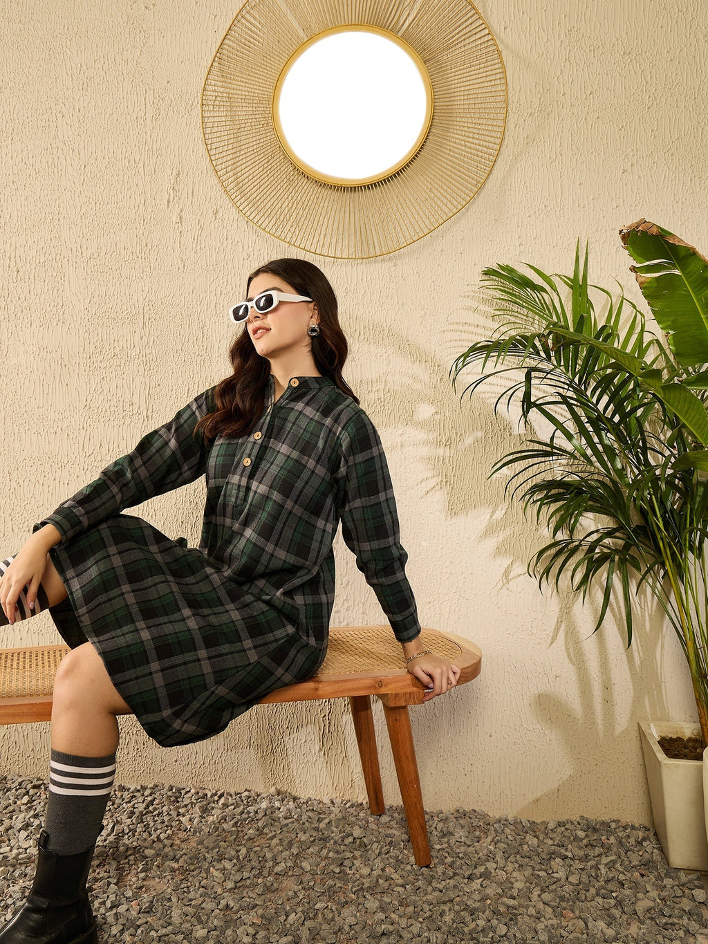 InWeave Green Black Check Mandarin Button Neck Dress | Grocsy