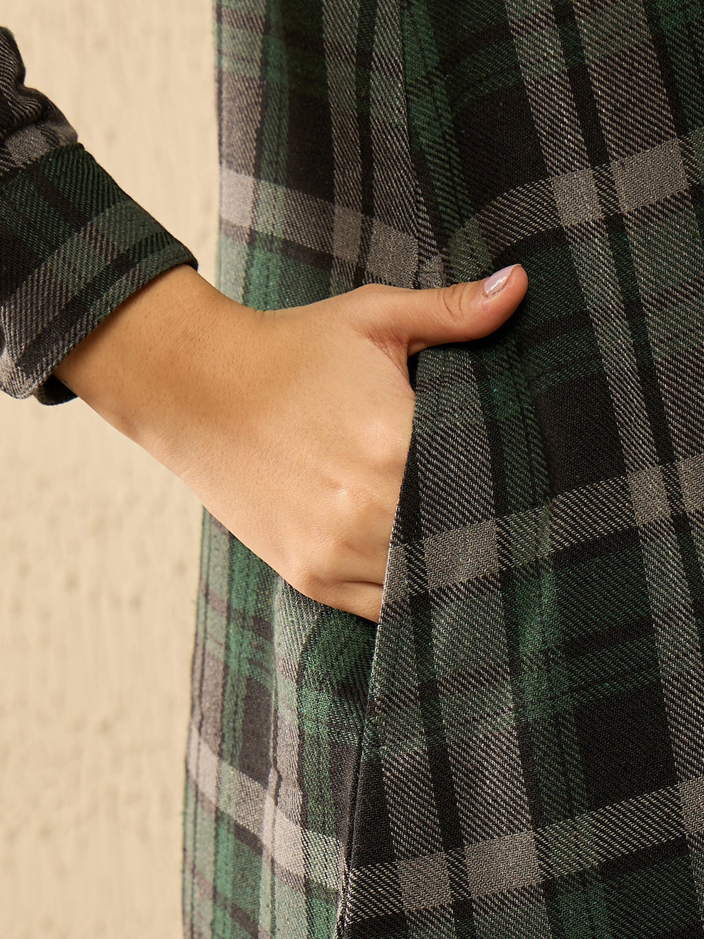 InWeave Green Black Check Mandarin Button Neck Dress | Grocsy