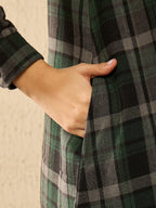 InWeave Green Black Check Mandarin Button Neck Dress | Grocsy