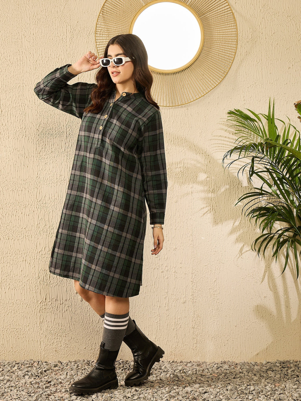 InWeave Green Black Check Mandarin Button Neck Dress | Grocsy