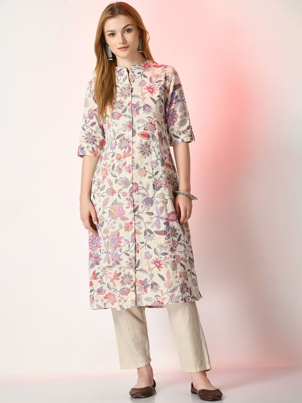 Sangria Off White Floral Printed Mandarin Collar Cotton A-Line Kurta | Grocsy