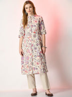 Sangria Off White Floral Printed Mandarin Collar Cotton A-Line Kurta | Grocsy
