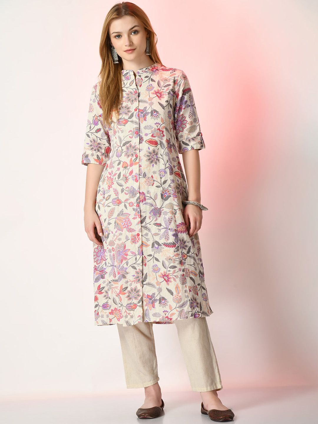 Sangria Off White Floral Printed Mandarin Collar Cotton A-Line Kurta | Grocsy