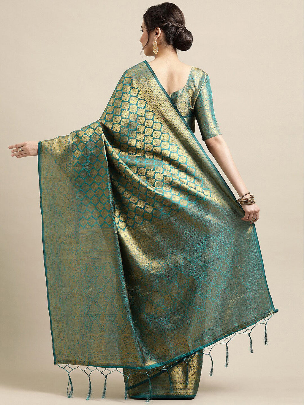 Saree Mall Blue & Gold-Toned Woven Design Zari Silk Blend Banarasi Saree | Grocsy