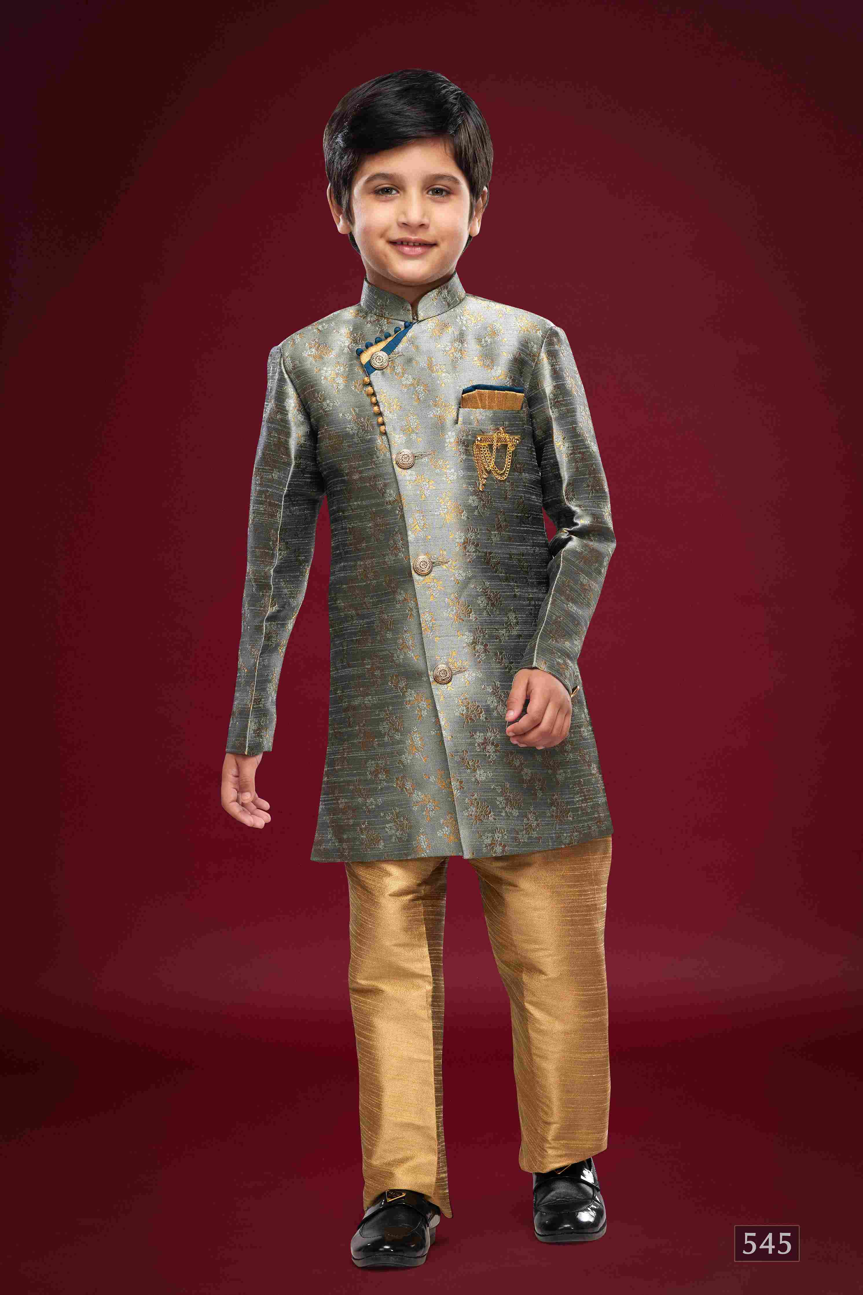 Raivat Ethnic Kids Banarasi Jacquard Woven Work Semi Indo Western Set Dark Grey Colour | Grocsy