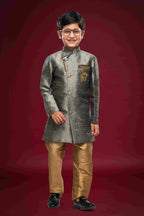 Raivat Ethnic Kids Banarasi Jacquard Woven Work Semi Indo Western Set Dark Grey Colour | Grocsy