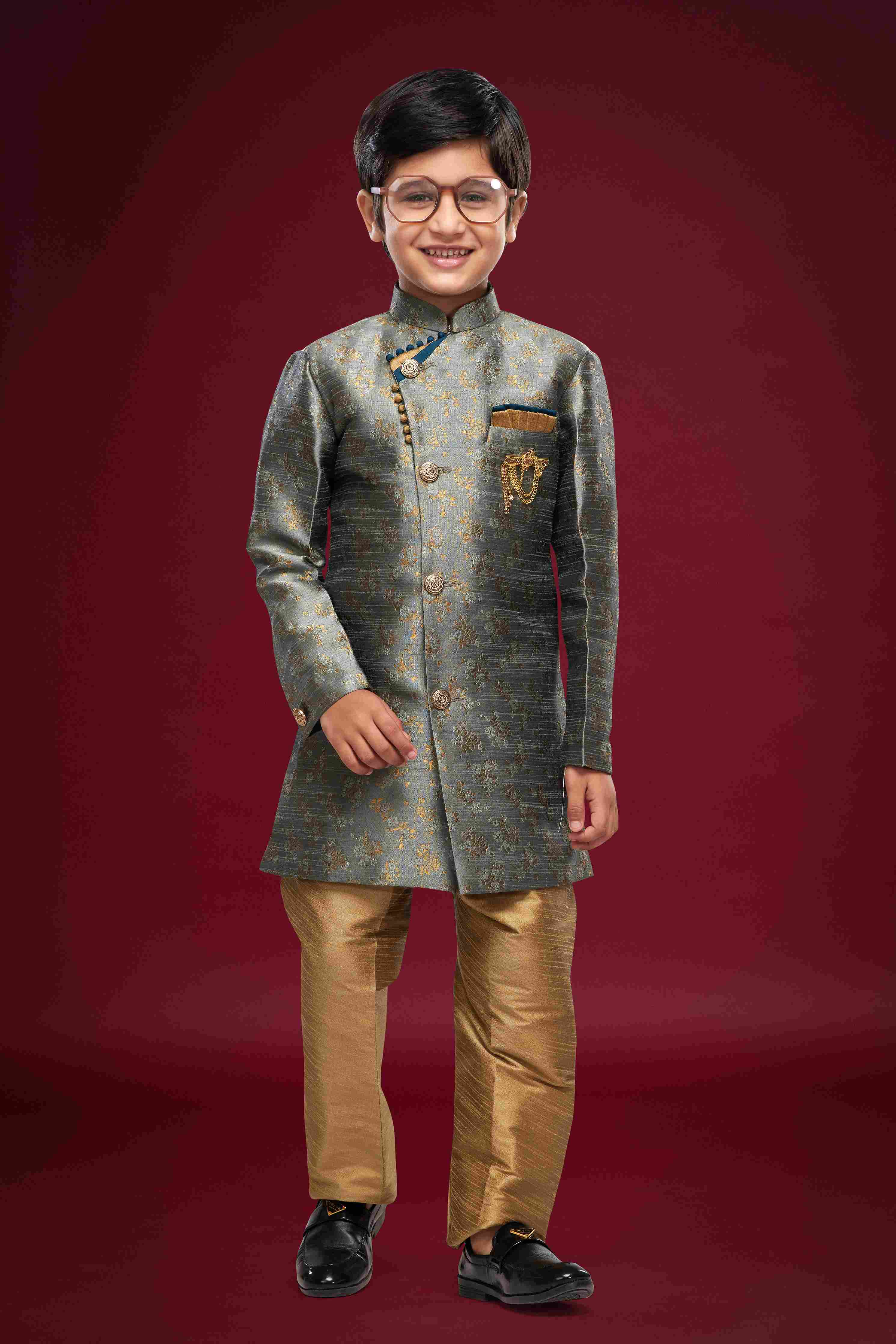 Raivat Ethnic Kids Banarasi Jacquard Woven Work Semi Indo Western Set Dark Grey Colour | Grocsy