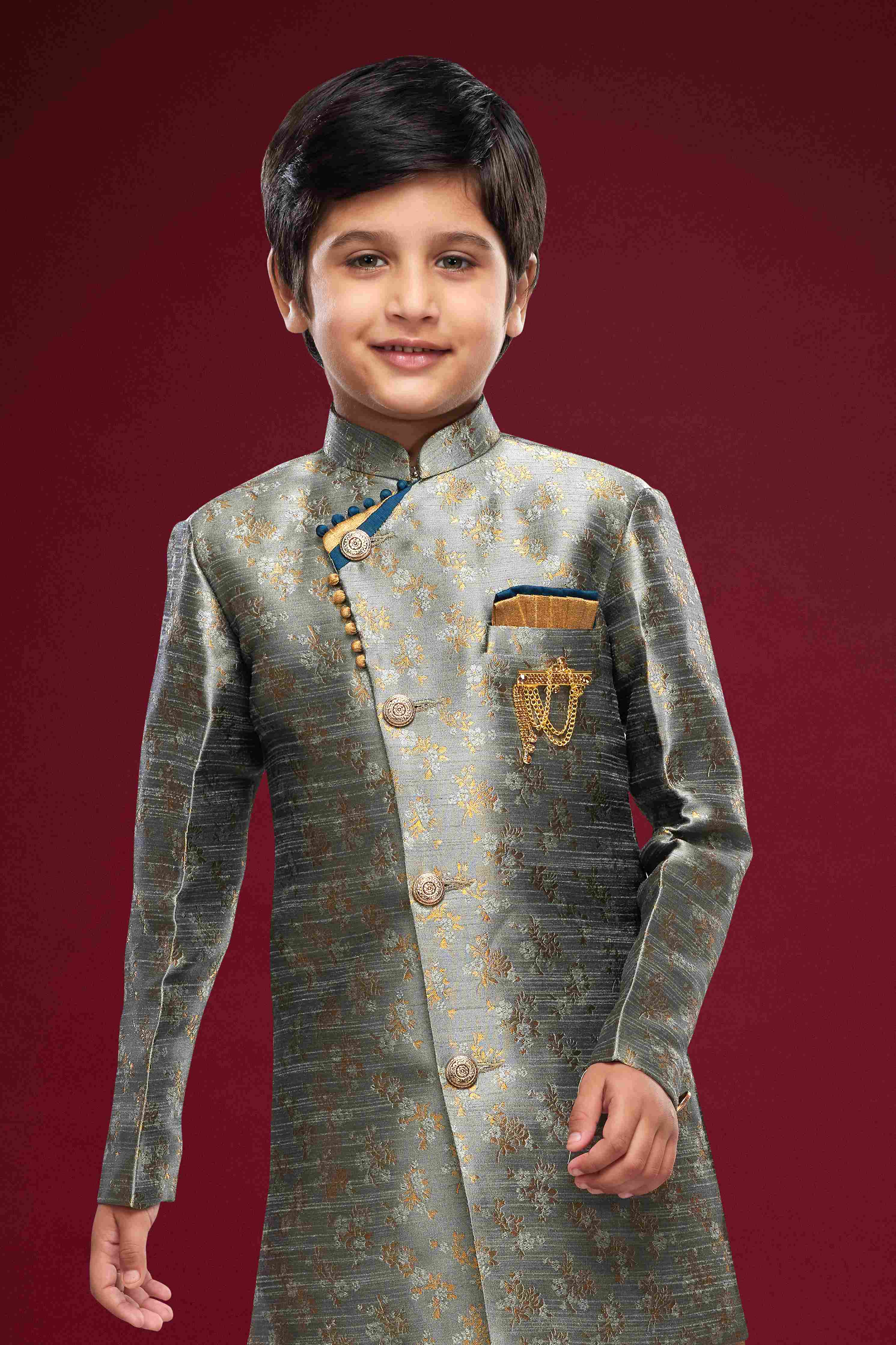 Raivat Ethnic Kids Banarasi Jacquard Woven Work Semi Indo Western Set Dark Grey Colour | Grocsy