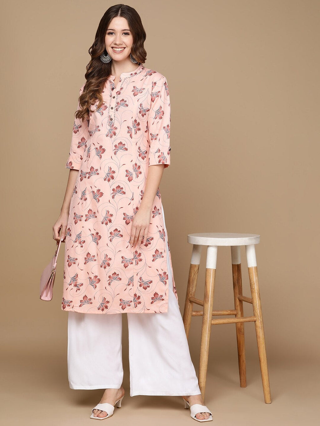 HERE&NOW Pink & Maroon Floral Printed Pure Cotton Kurta | Grocsy