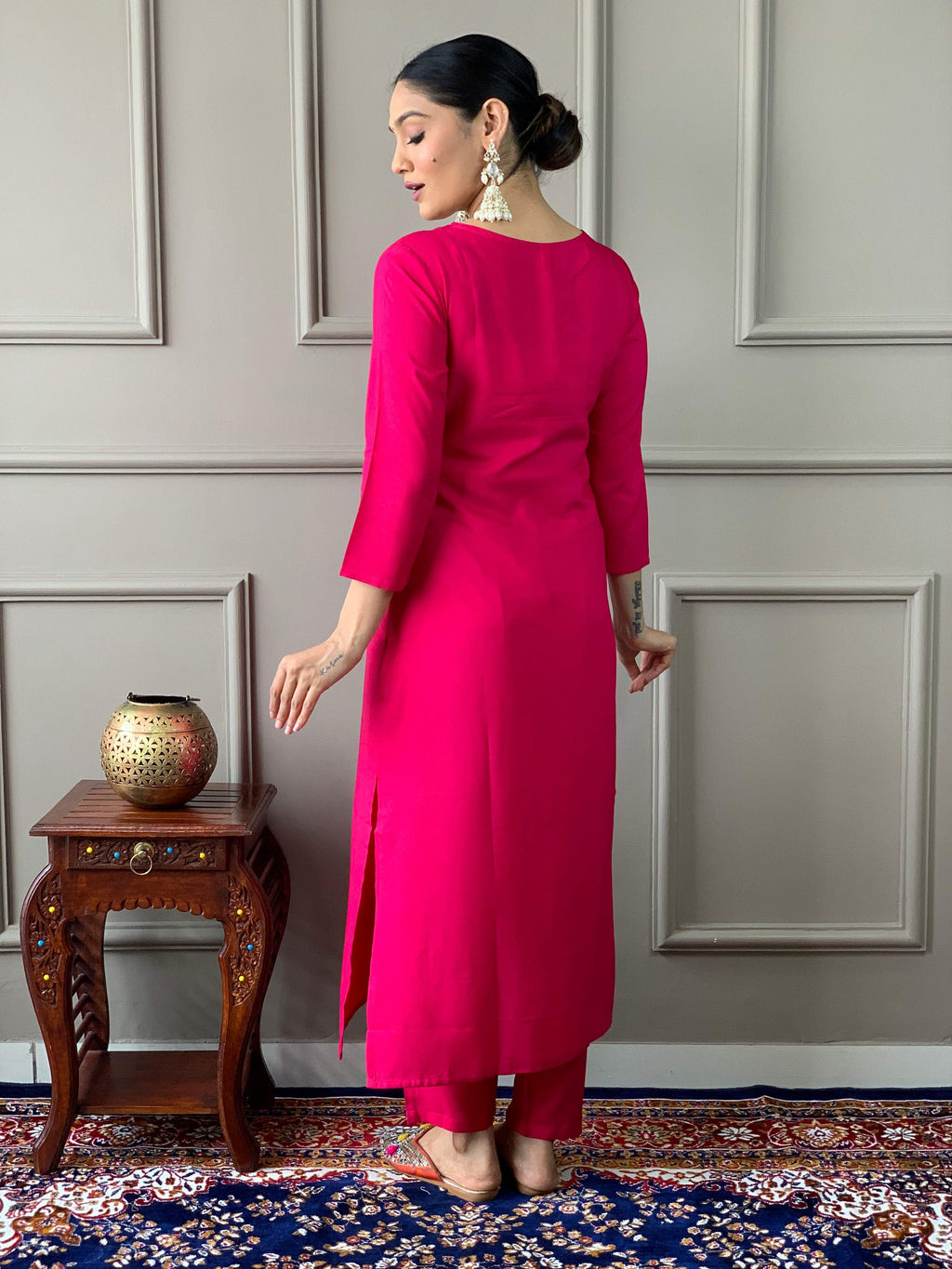 The52 Viscose Silk Fabric work Straight cut Kurta, Pant and Dupatta Set | Grocsy