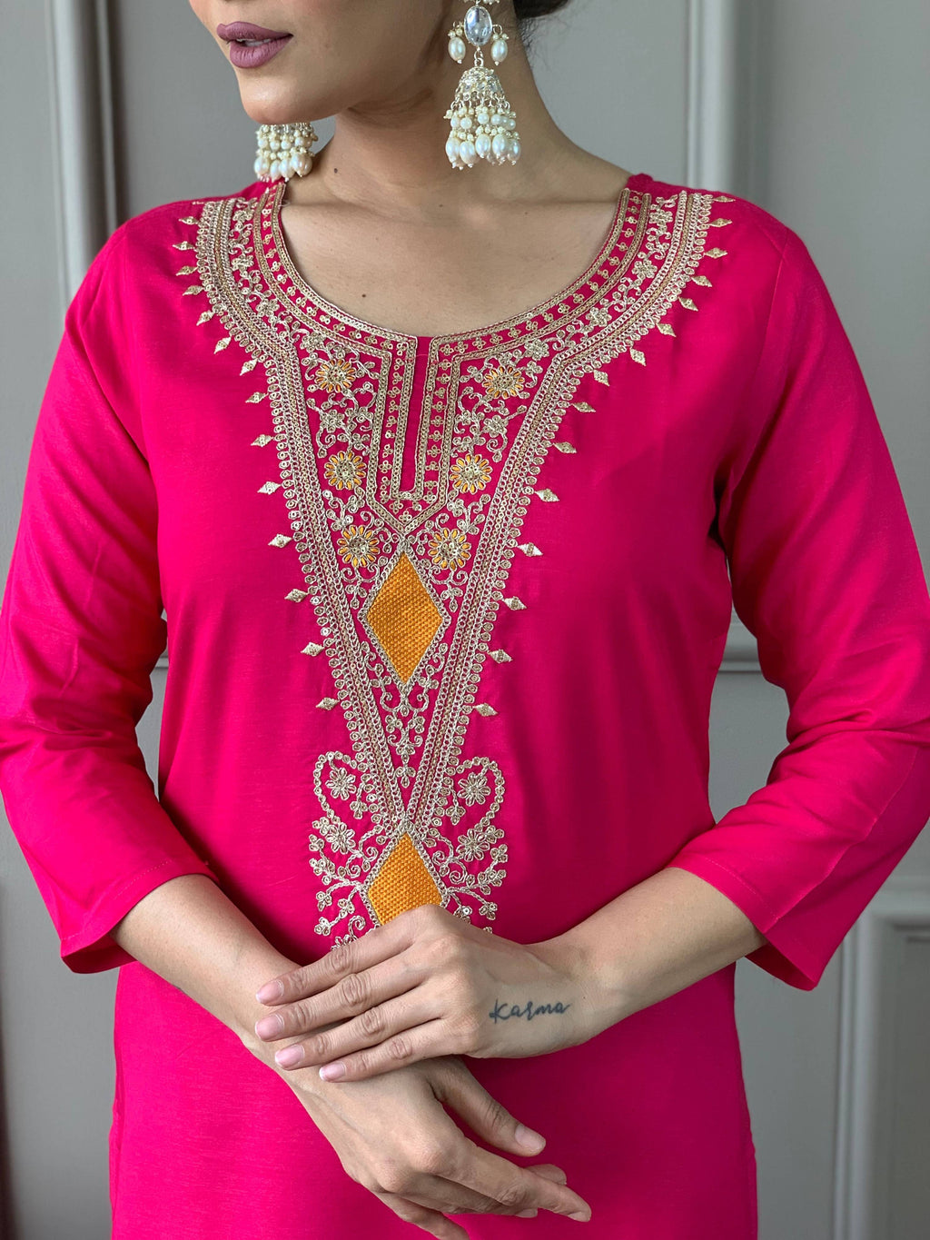 The52 Viscose Silk Fabric work Straight cut Kurta, Pant and Dupatta Set | Grocsy