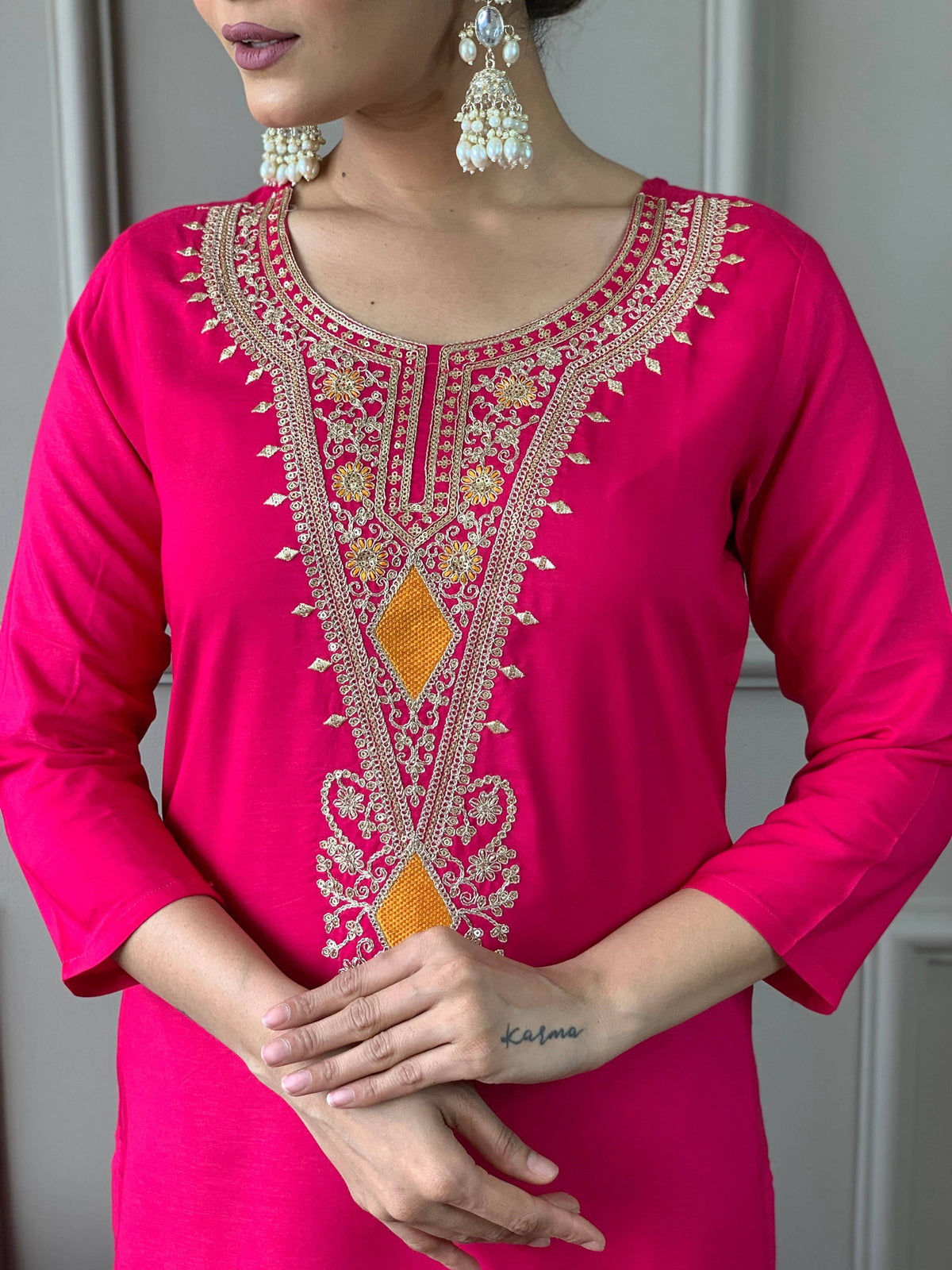 The52 Viscose Silk Fabric work Straight cut Kurta, Pant and Dupatta Set | Grocsy