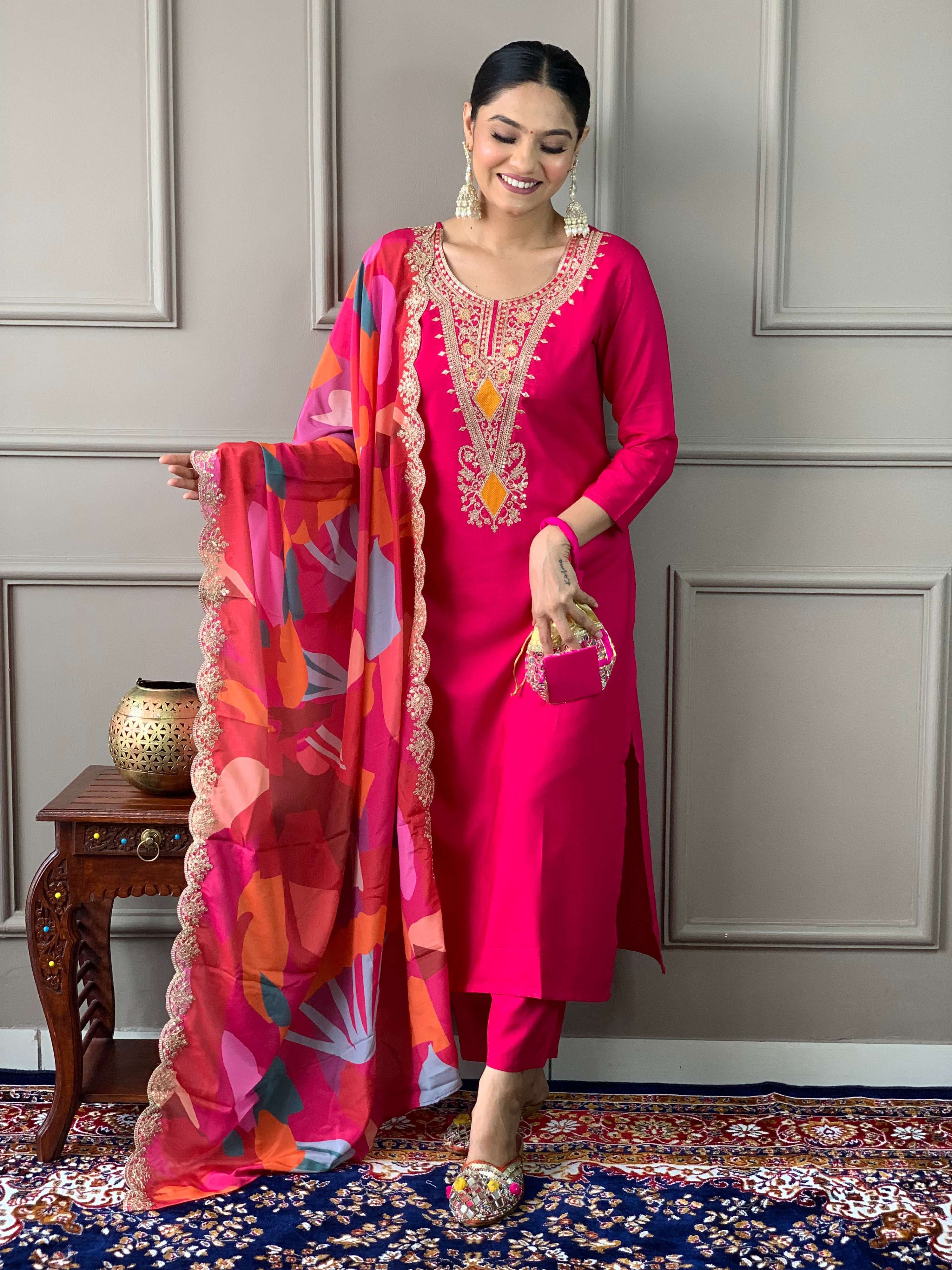 The52 Viscose Silk Fabric work Straight cut Kurta, Pant and Dupatta Set | Grocsy