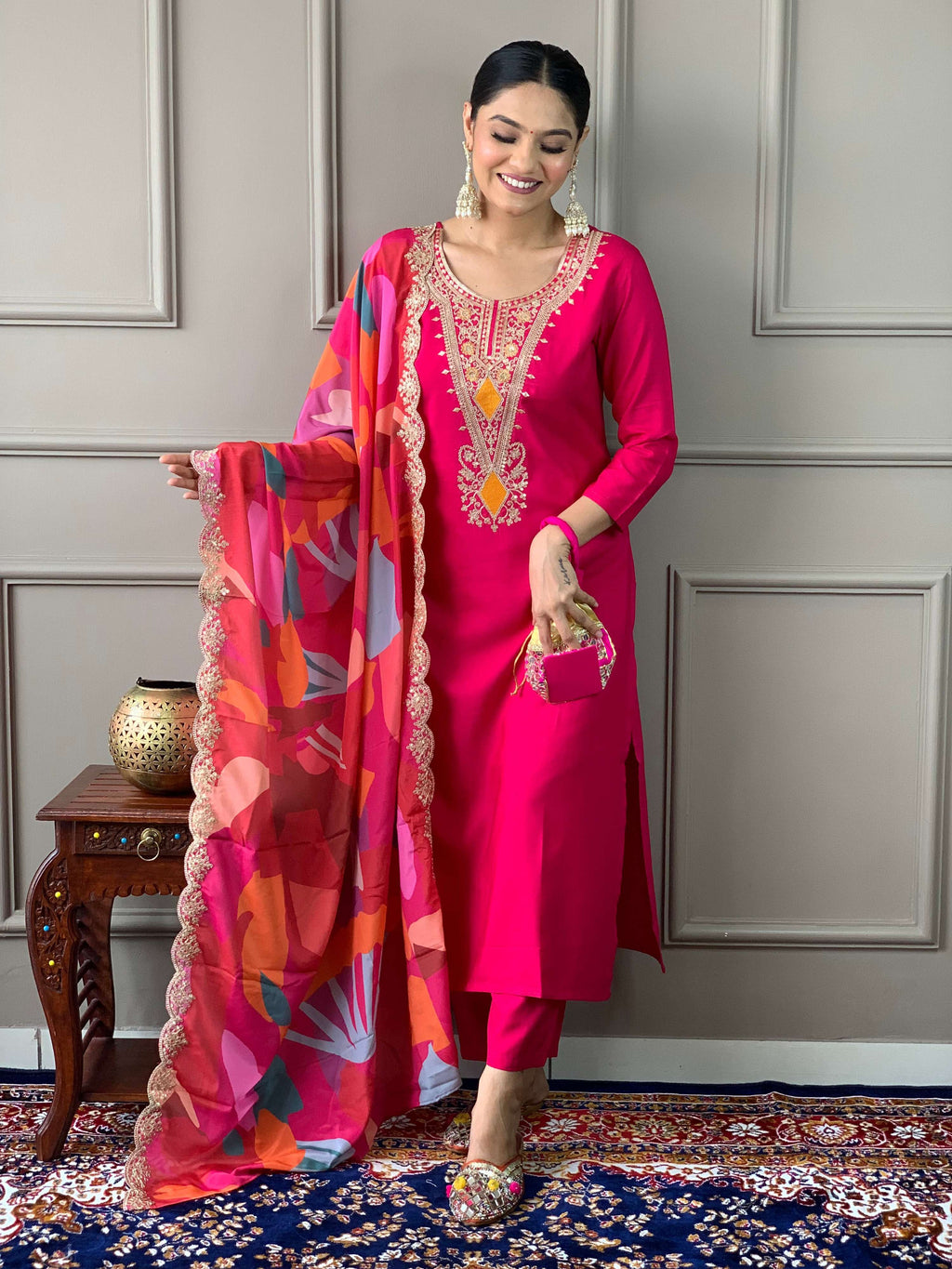 The52 Viscose Silk Fabric work Straight cut Kurta, Pant and Dupatta Set | Grocsy