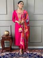 The52 Viscose Silk Fabric work Straight cut Kurta, Pant and Dupatta Set | Grocsy