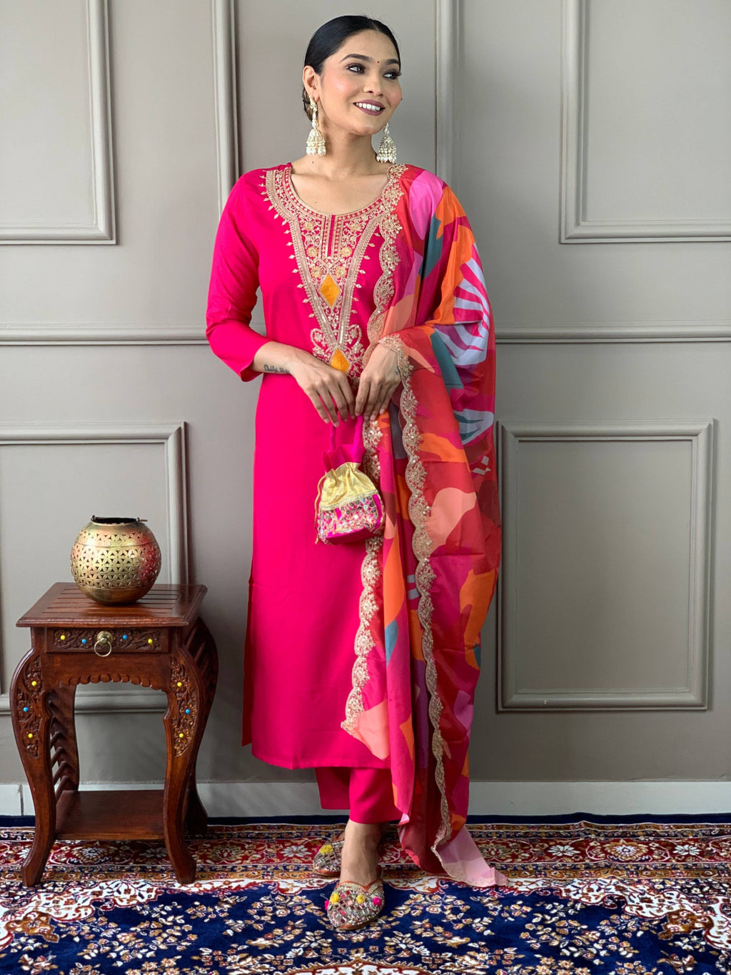 The52 Viscose Silk Fabric work Straight cut Kurta, Pant and Dupatta Set | Grocsy