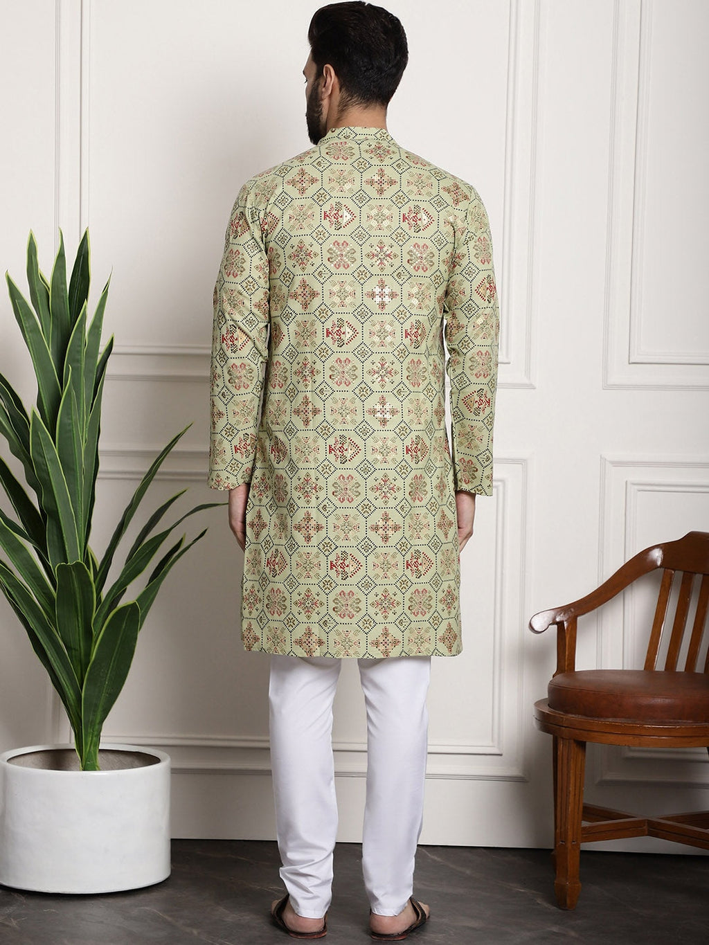 Sojanya Men Green Printed Cotton Linen Kurta with Churidar | Grocsy