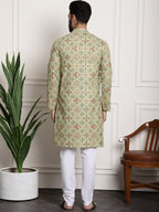 Sojanya Men Green Printed Cotton Linen Kurta with Churidar | Grocsy
