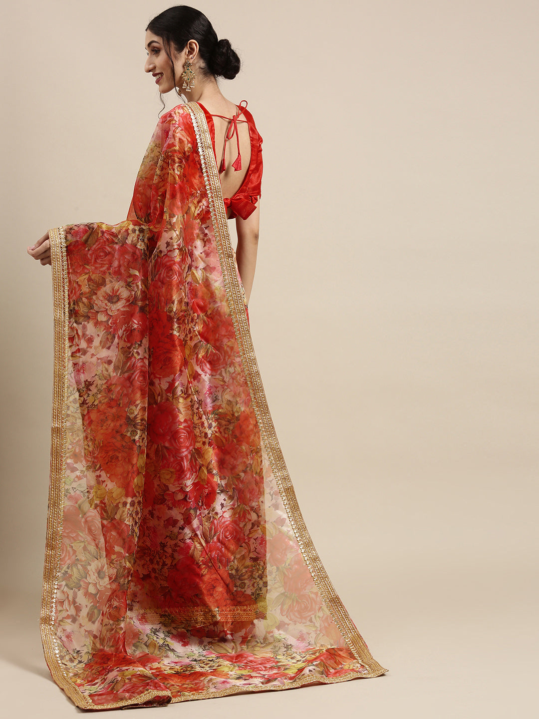 Tikhi Imli Red Floral Organza Saree | Grocsy