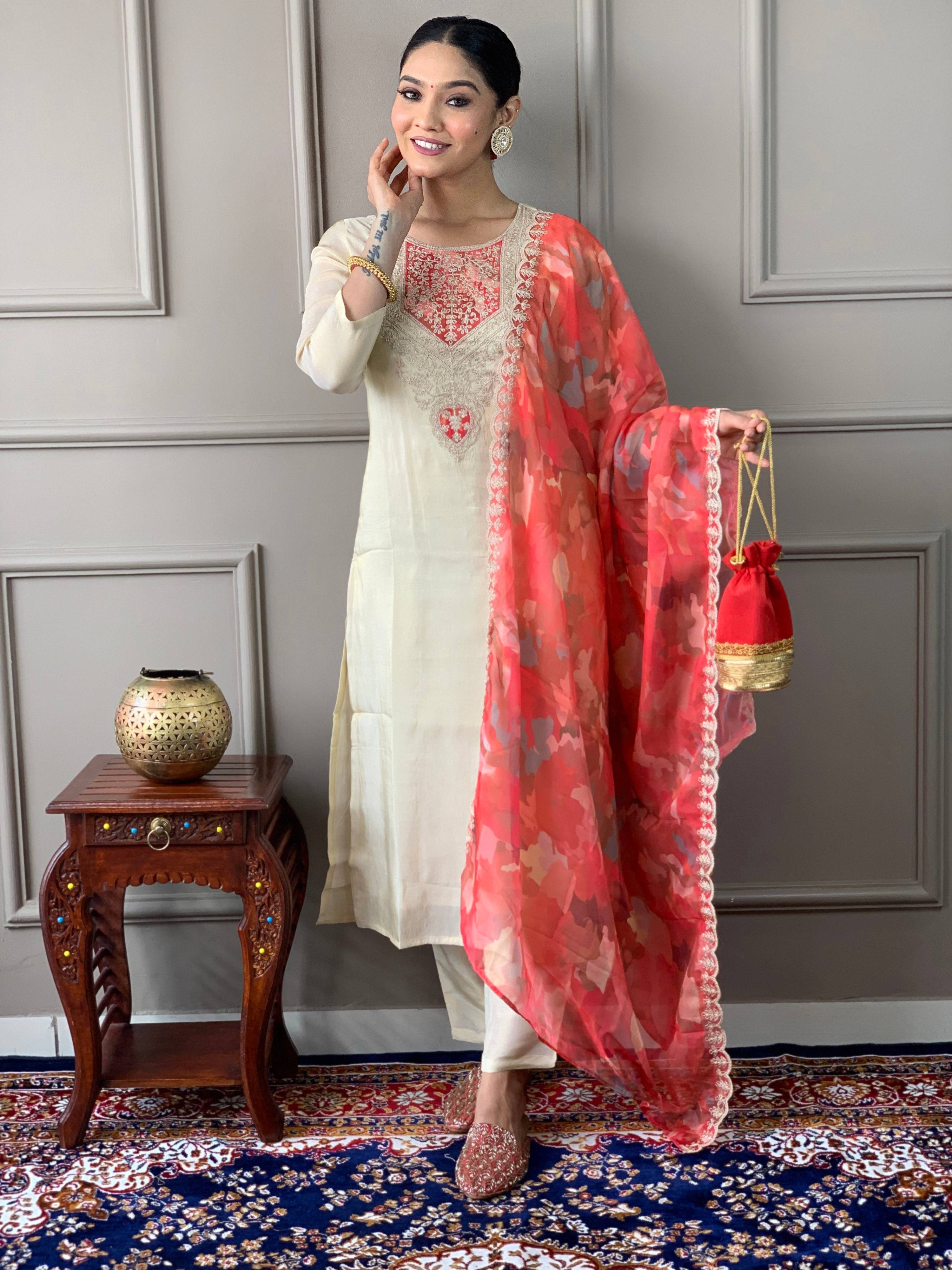 The52 Cream Embroidered Chanderi Silk Fabric Straight Kurta, Pant and Dupatta Set | Grocsy