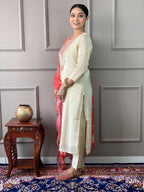 The52 Cream Embroidered Chanderi Silk Fabric Straight Kurta, Pant and Dupatta Set | Grocsy