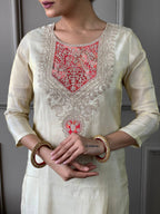 The52 Cream Embroidered Chanderi Silk Fabric Straight Kurta, Pant and Dupatta Set | Grocsy