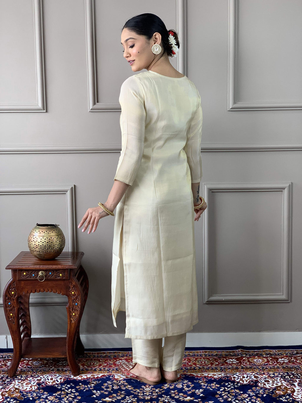The52 Cream Embroidered Chanderi Silk Fabric Straight Kurta, Pant and Dupatta Set | Grocsy