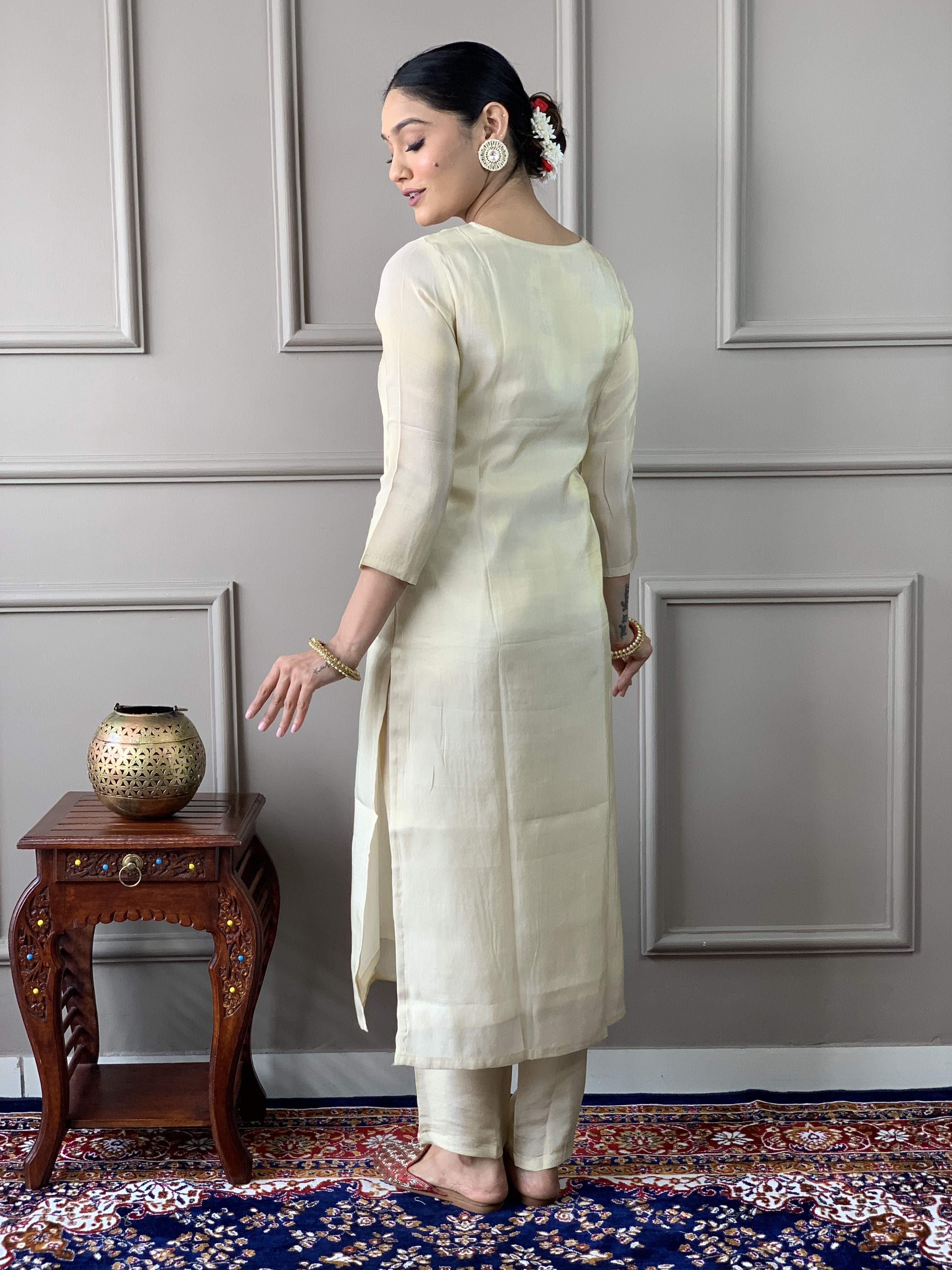 The52 Cream Embroidered Chanderi Silk Fabric Straight Kurta, Pant and Dupatta Set | Grocsy