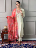 The52 Cream Embroidered Chanderi Silk Fabric Straight Kurta, Pant and Dupatta Set | Grocsy