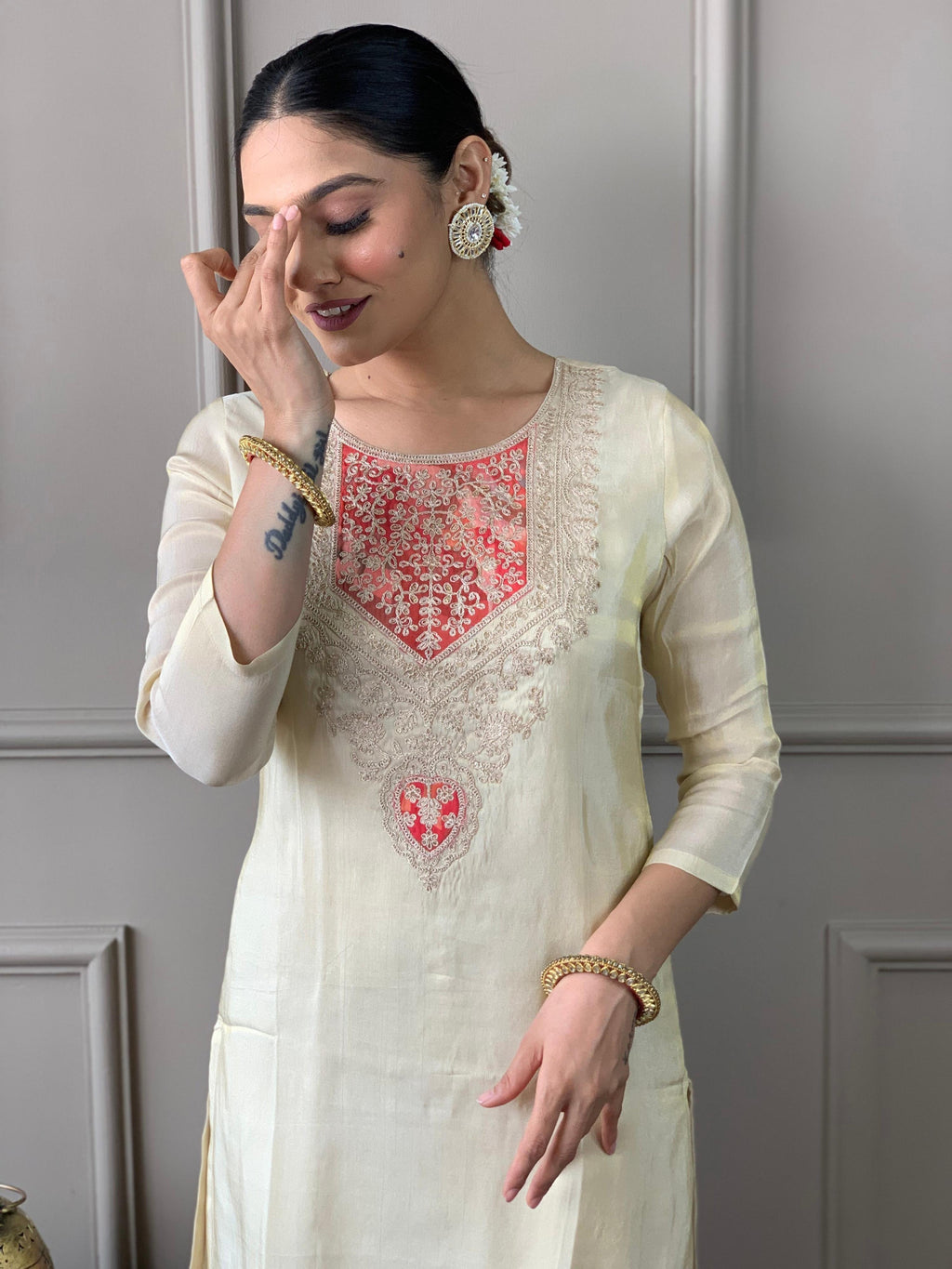 The52 Cream Embroidered Chanderi Silk Fabric Straight Kurta, Pant and Dupatta Set | Grocsy